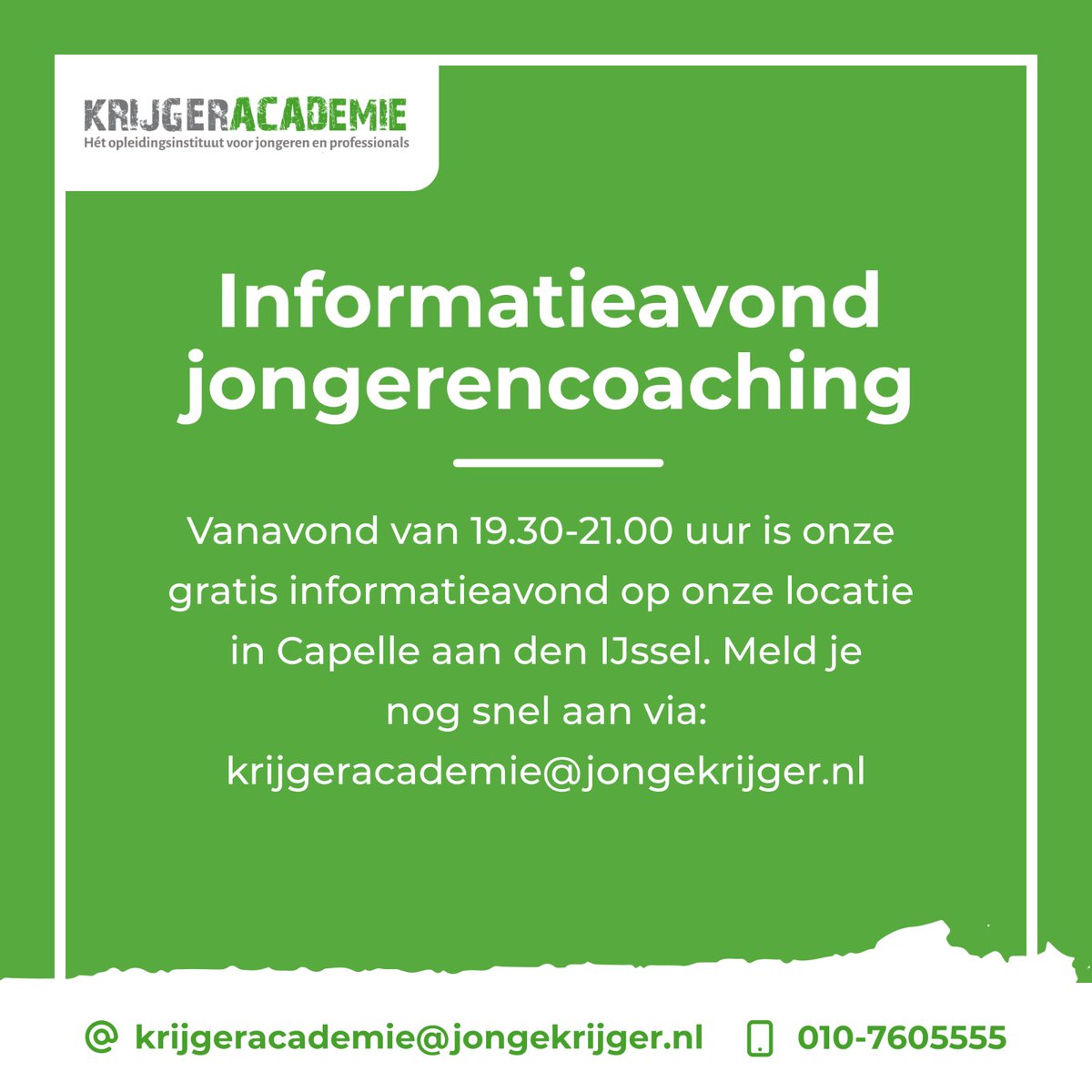 Laatste kans!

Meer informatie over onze jongerencoachopleiding Meld je nu nog aan voor onze gratis informatieavond vanavond van 19.30 - 21.00 uur op onze locatie in Capelle aan den IJssel. 

Aanmelden kan via krijgeracademie@jongekrijger.nl 🙌