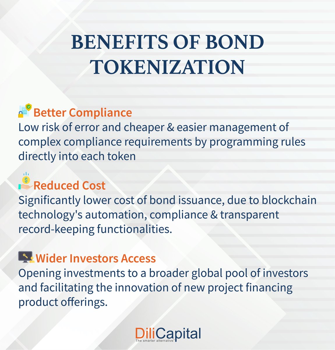 DiliCapital's tweet photo. Tokenization by riding on the blockchain technology transforms and automates the processes involved in bringing bonds to be public and private markets,which benefits issuers and investors in various ways.

https://t.co/XD2GWOCuhS

#bonds #tokenization #assetmanagement #blockchain https://t.co/emDtXqxCPd