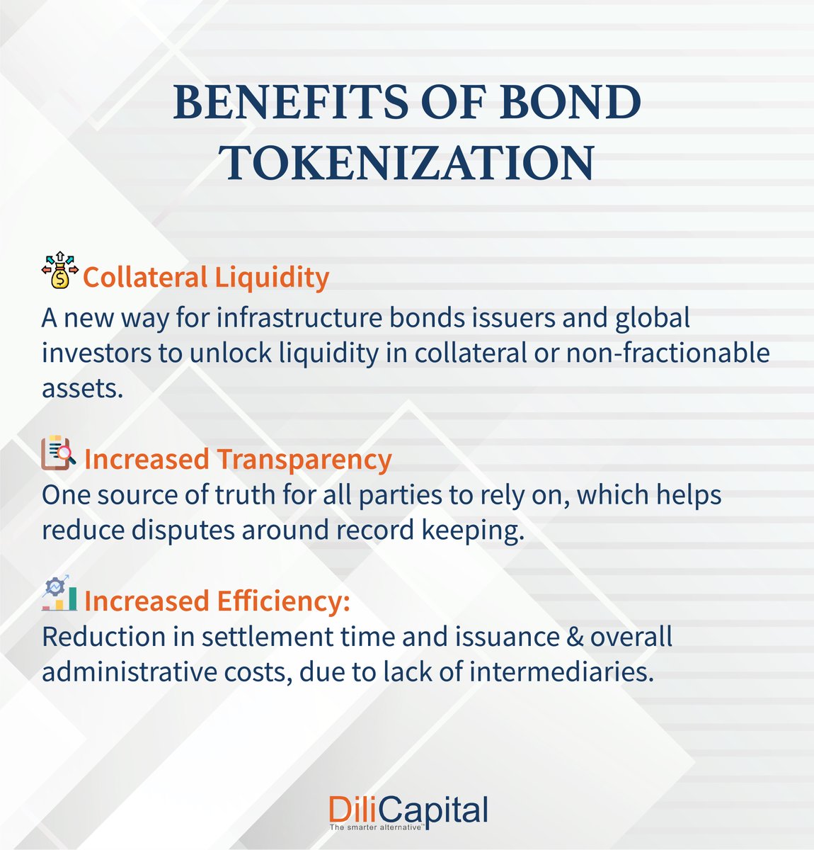 DiliCapital's tweet photo. Tokenization by riding on the blockchain technology transforms and automates the processes involved in bringing bonds to be public and private markets,which benefits issuers and investors in various ways.

https://t.co/XD2GWOCuhS

#bonds #tokenization #assetmanagement #blockchain https://t.co/emDtXqxCPd