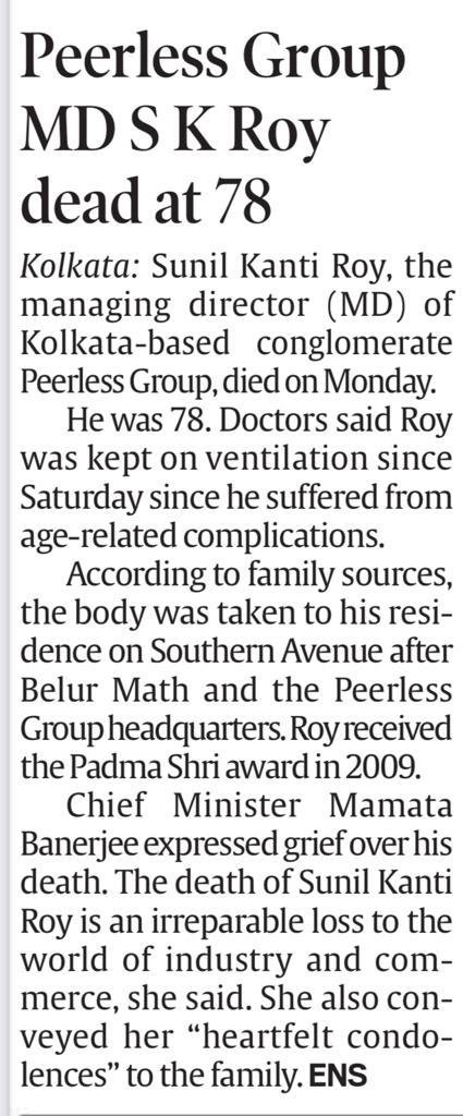 peerless_info's tweet photo. Thank You @IndianExpress for sharing our grief for the sad demise of our chairman, Shri Sunil Kanti Roy.
#peerlesshospital #peerlessfamily #peerlessgroup #death #sad #demise #grief #RKM #RamkrishnaMission https://t.co/osgiyoLIMa