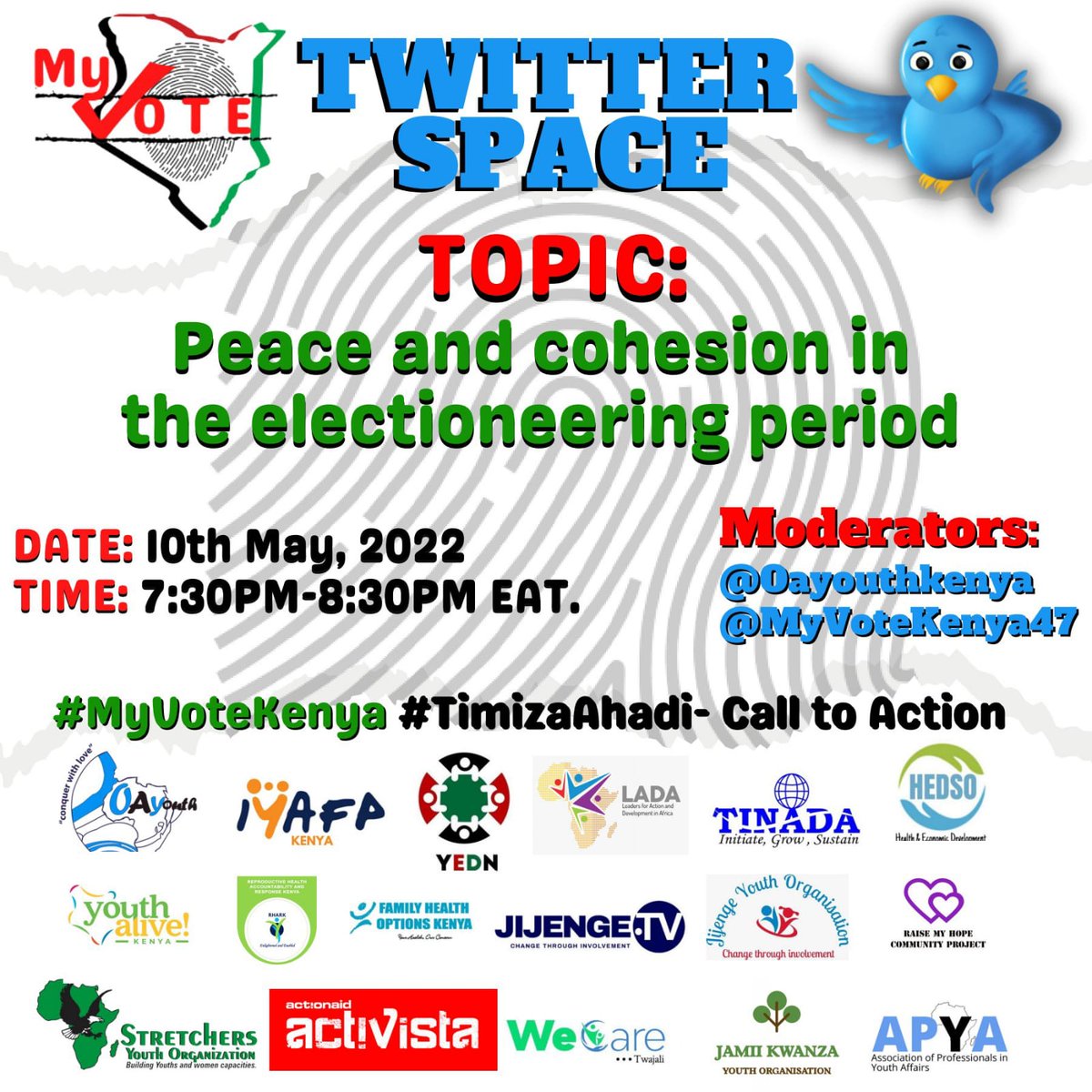 What is your take on Peace and cohesion during this electioneering period?
Share your thoughts and join today's conversation at our twitter spaces from 7:30 p.m to 8:30 p.m.
See you then!!!!!
x.com/i/spaces/1OdKr…
#TimizaAhadi
#myvotekenya
<a href="/MyVoteKenya47/">MyVoteKenya</a> 
<a href="/IYAFPKenya/">IYAFP Kenya</a> 
<a href="/RHARK7/">REPRODUCTIVE HEALTH ACCOUNTABILITY RESPONSE KENYA</a>