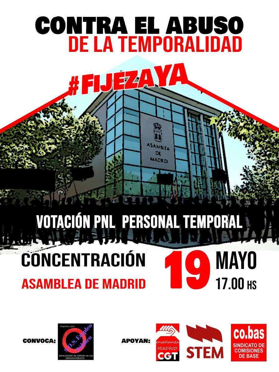 CGTMadrideduc's tweet photo. #FijezaYa 
#QuienesEstánSeQuedan

🔴⚫️Es momento de apoyar la PNL contra el abuso de la temporalidad en la Comunidad de Madrid ‼️

👥🗣️📢 CONCENTRACIÓN 👥🗣️📢

📅 Jueves 19 de mayo
🕐 17:00h
📍 Asamblea de Madrid (Av. Pablo Neruda, 142)

#EnLucha https://t.co/44glkY2eq9