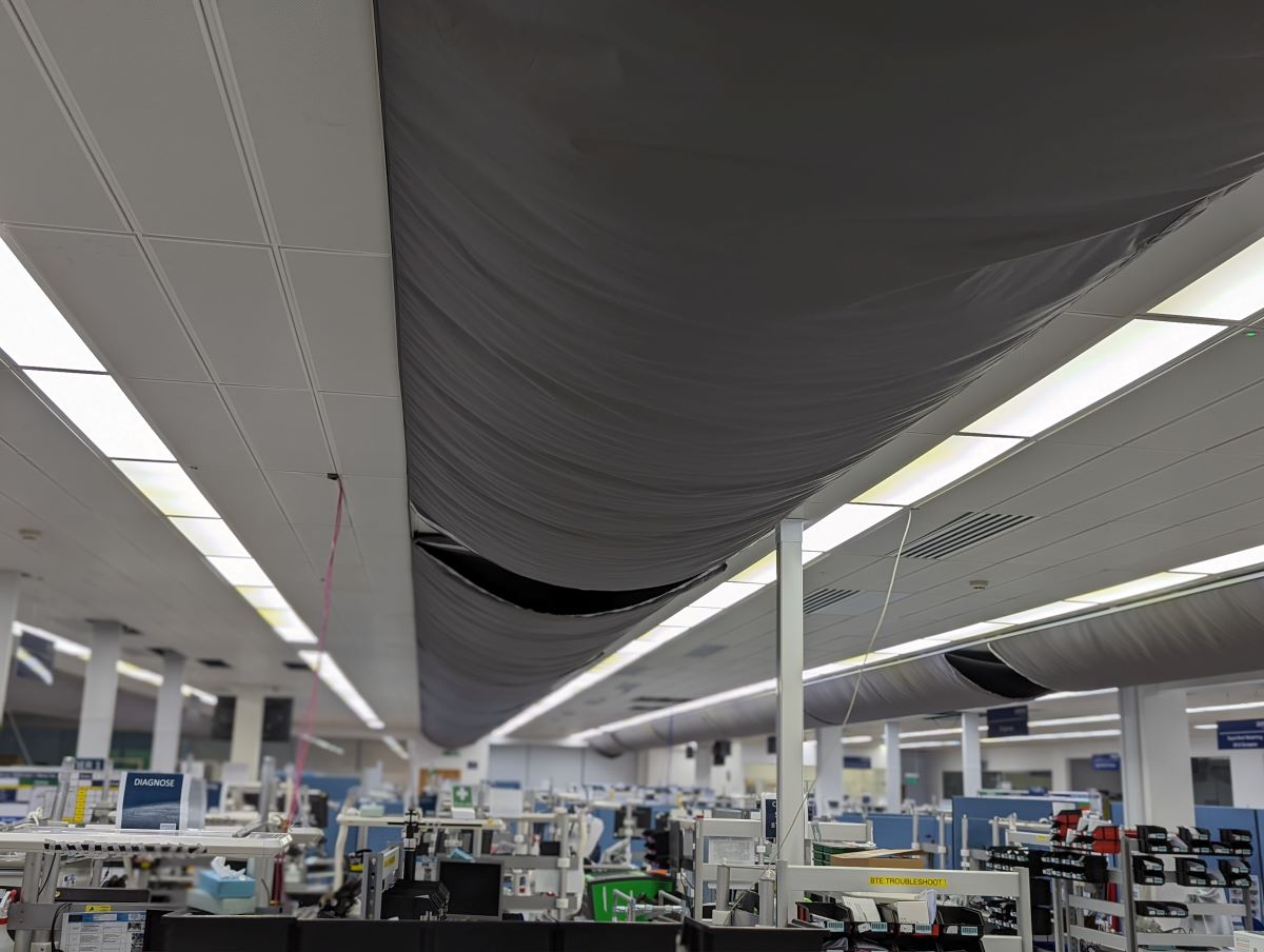 This is a #lab for which we supplied the #fabricducting system back in 2013 &amp; we regularly #maintain. Here we are fitting 3 new zipped sections to each branch with a new air pattern following a layout change to the room below. ow.ly/ysEl50IYV0H  #airsocks #HVAC #Prihoda