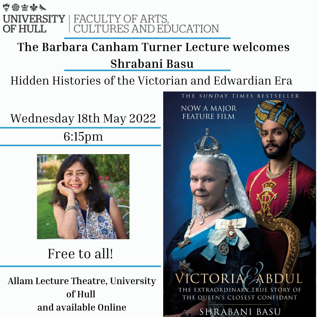 Not long now! Don't miss Journalist and Sunday Times best-selling author Shrabani Basu <a href="/shrabanibasu_/">Shrabani Basu</a> 
As part of our <a href="/HullEnglish/">HullEnglish</a> Annual Barbara Canham Turner Lecture! 
<a href="/UniOfHull/">University of Hull</a> 18/05/22, ⏰6:15pm 
Free to all!  
Book your free tickets now: bit.ly/35Q42an