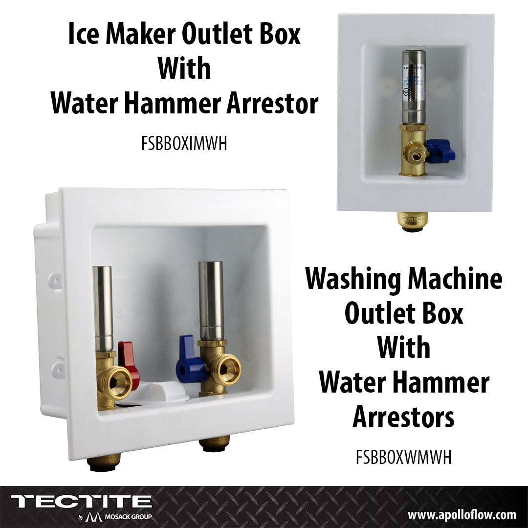 ApolloByTMG's tweet image. Having a problem with your pipes banging? Try our ice maker or washing machine outlet box with water hammer arrestors. Both can be installed with PEX, CPVC, or PEX pipe. #PushToConnect #TectitebyMosackGroup #MosackGroup