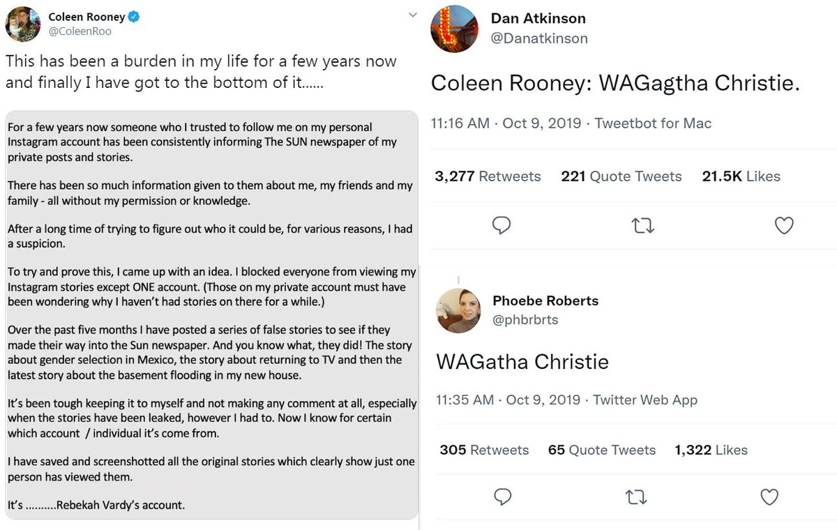 Click Photography (@cpworkshops) on Twitter photo Who really coined the phrase "Wagatha Christie" ? BBC thinks Phoebe Roberts but timeline suggests UK stand-up Dan Atkinson said it first.
11.16 DA tweets "Wagagtha Christie"
11.35 PR tweets Wagatha Christie" #wagathachristie <a href="/phbrbrts/">Phoebe Roberts</a> <a href="/Danatkinson/">Dan Atkinson</a> <a href="/ColinGPaterson/">📻 Colin Paterson 📺</a> Who really coined the phrase "Wagatha Christie" ? BBC thinks Phoebe Roberts but timeline suggests UK stand-up Dan Atkinson said it first.
11.16 DA tweets "Wagagtha Christie"
11.35 PR tweets Wagatha Christie" #wagathachristie <a href="/phbrbrts/">Phoebe Roberts</a> <a href="/Danatkinson/">Dan Atkinson</a> <a href="/ColinGPaterson/">📻 Colin Paterson 📺</a>