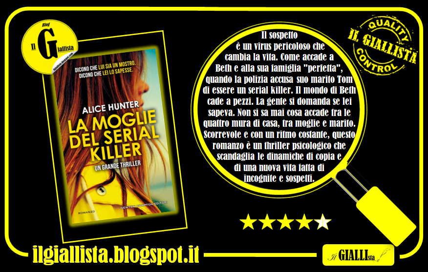 GiallistaIl's tweet photo. #RecensioneFlash su #IlGiallista:
#LaMoglieDelSerialKiller di #AliceHunter, edito da @NewtonCompton.
La #review completa sul blog! ๐๐๐
https://t.co/nh4k8PsL2G https://t.co/xROzJxMoeu