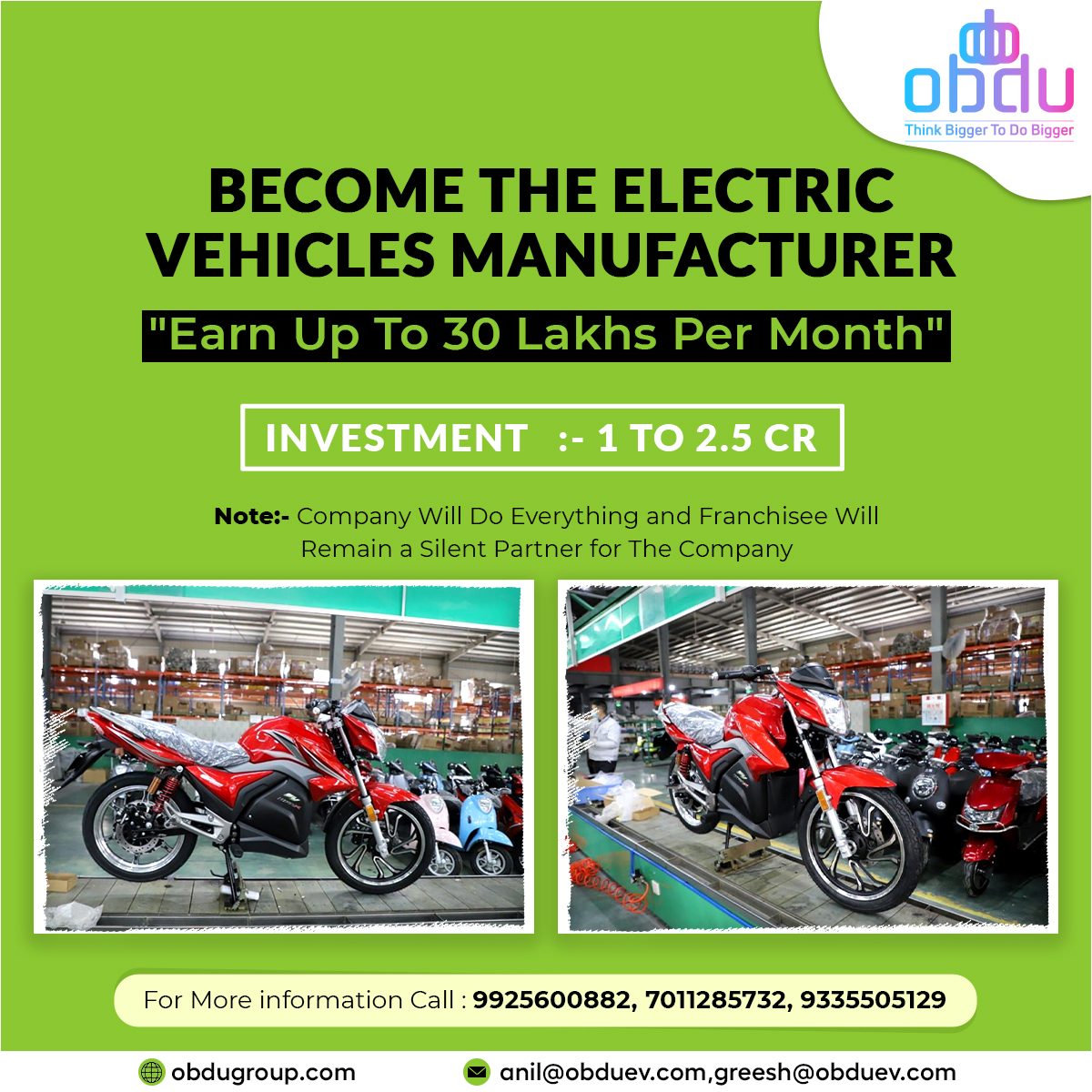 obdushop's tweet photo. Are you looking for a new #business #opportunity?
Here is the opportunity to become #ElectricVehicle #Manufacturer.

Requirement: -35000 to 50000 square foot 
Investment   :- 1 to 2.5 CR

Contact Now - 9925600882,7011285732
Mail ID: - anil@obduev.com, greesh@obduev.com
#obdu https://t.co/SibYNdBryx