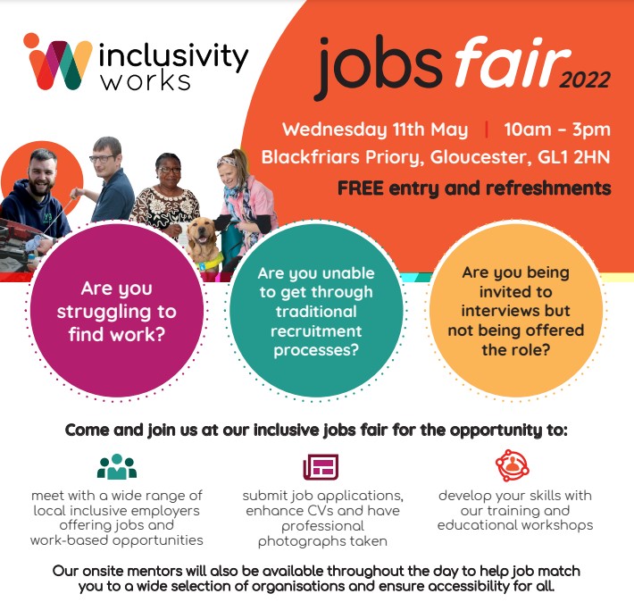 Careers_SWest's tweet photo. TOMORROW join us at the #InclusivityWorks #JobsFair and get great #careers advice and meet #local employers with many #opportunities.

📍 Blackfriars Priory, #Gloucester, GL1 2HN 
🕒 10am to 3pm.

Find out more: https://t.co/nBTuitzxT3 https://t.co/lMSvGE0Ce6