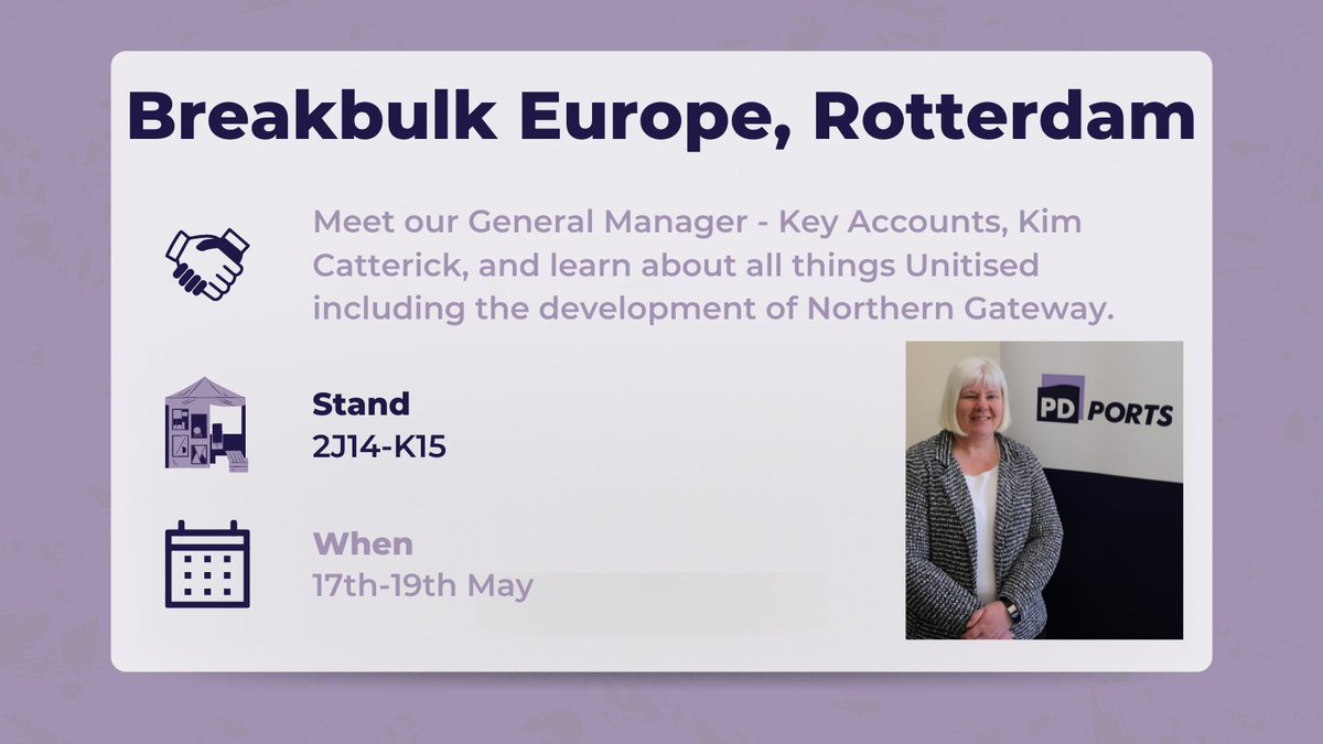 PDPorts's tweet photo. We're exhibiting at @Break_Bulk Europe this month!

Meet our General Manager - Key Accounts, Kim Catterick, who is ready to talk about all things unitised!

#bbbeu2022 | #FutureDevelopments | #Rotterdam | #PortOfChoice https://t.co/IASxXBfQcc