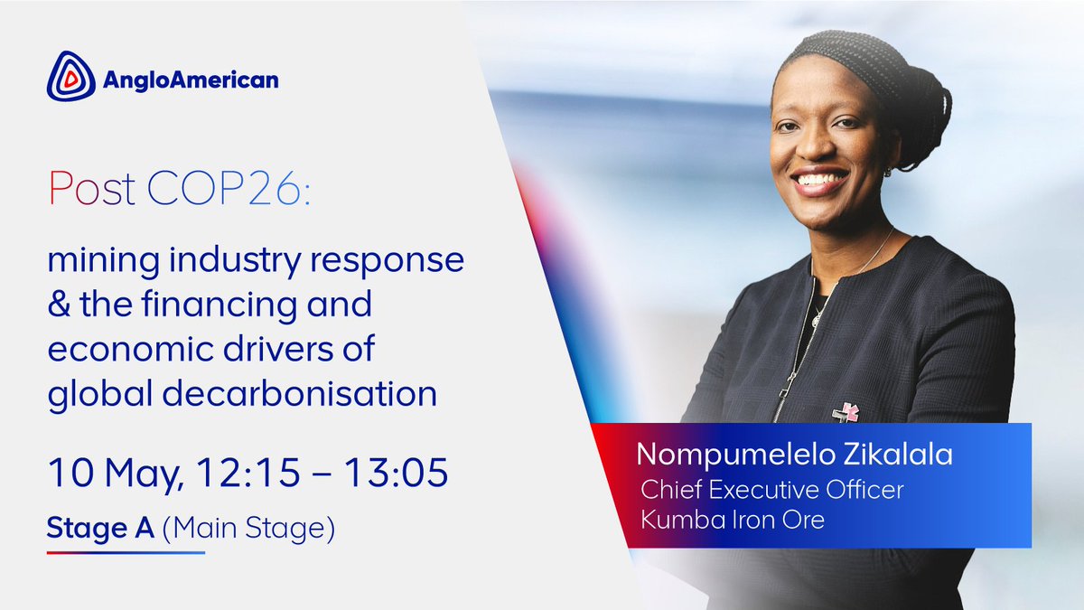 AngloAmericanZA's tweet photo. Listen in to the Post Cop26 discussion on financing and economic drivers of global decarbonisation with Mpumi Zikalala, Chief Executive Officer of Kumba Iron Ore. #MI22 @MiningIndaba https://t.co/FATIXMsgbk