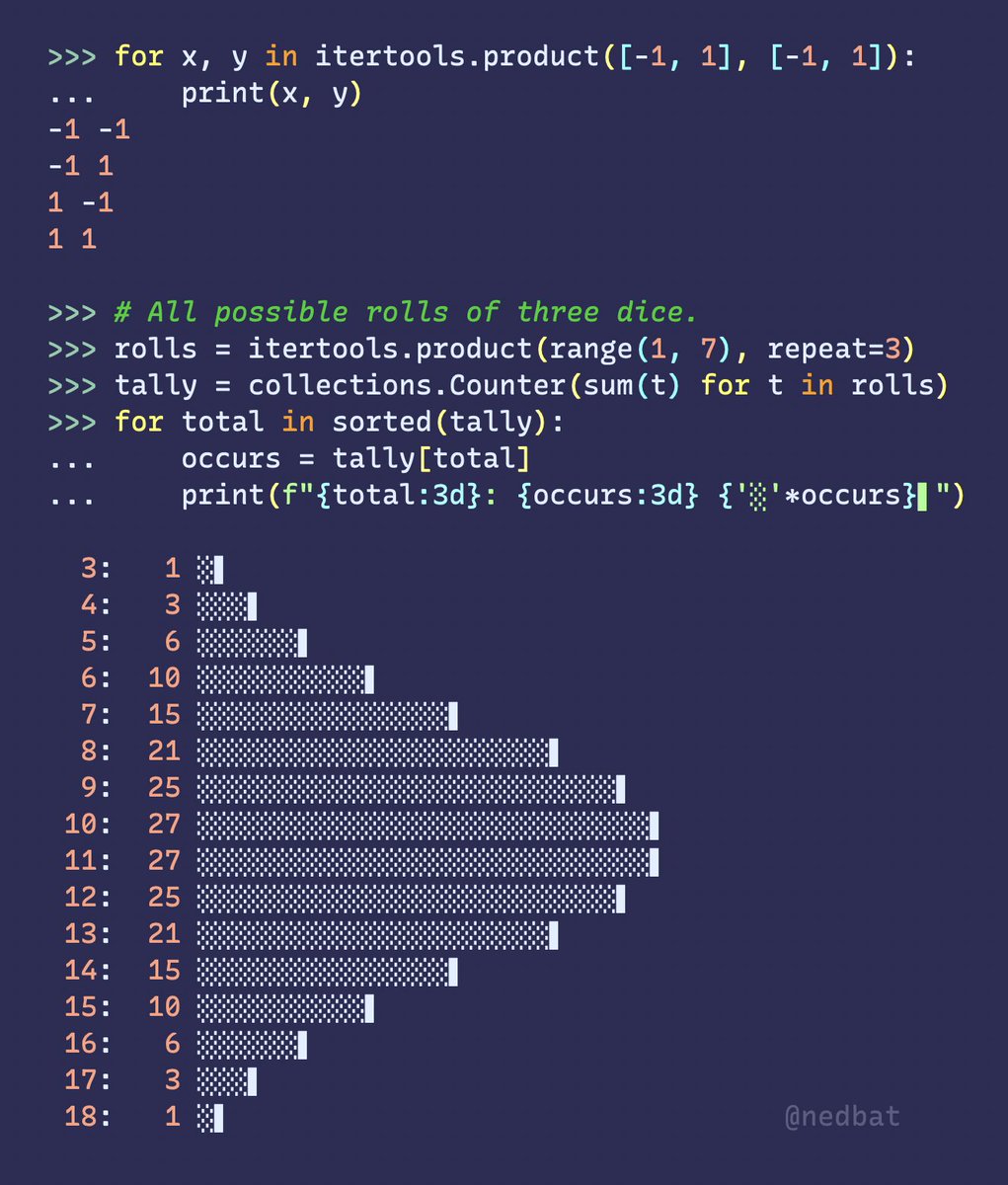 nedbat's tweet image. Multiple loops can sometimes be replaced by one itertools.product() from the #python stdlib.