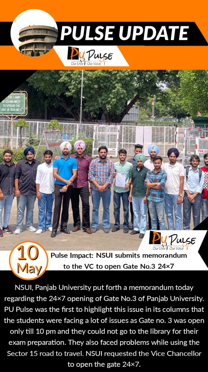 pu_pulse's tweet photo. Pulse Impact: NSUI submits memorandum to the VC to open Gate No.3 24×7
@nsuipuchd
#pupulse #nsui #gateno3 #panjabuniversity #memorandum #pulseimpact https://t.co/lQtpU3U4iG