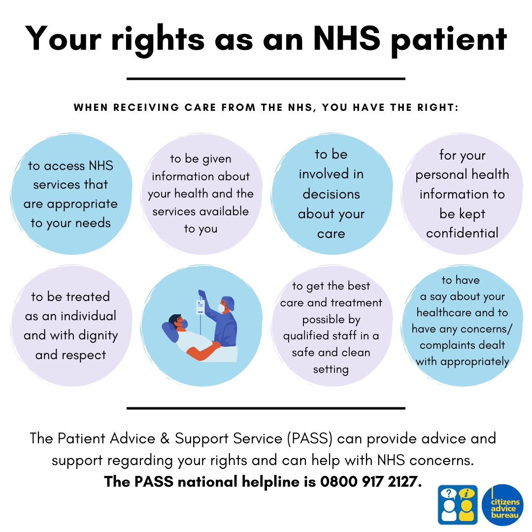 NWACAB's tweet photo. When you receive care from the NHS you have certain rights as a patient. If you need advice about these or want to complain to the NHS, get in contact with the Patient Advice &amp; Support Service on 0800 917 2127. https://t.co/MkLKvCwrt5