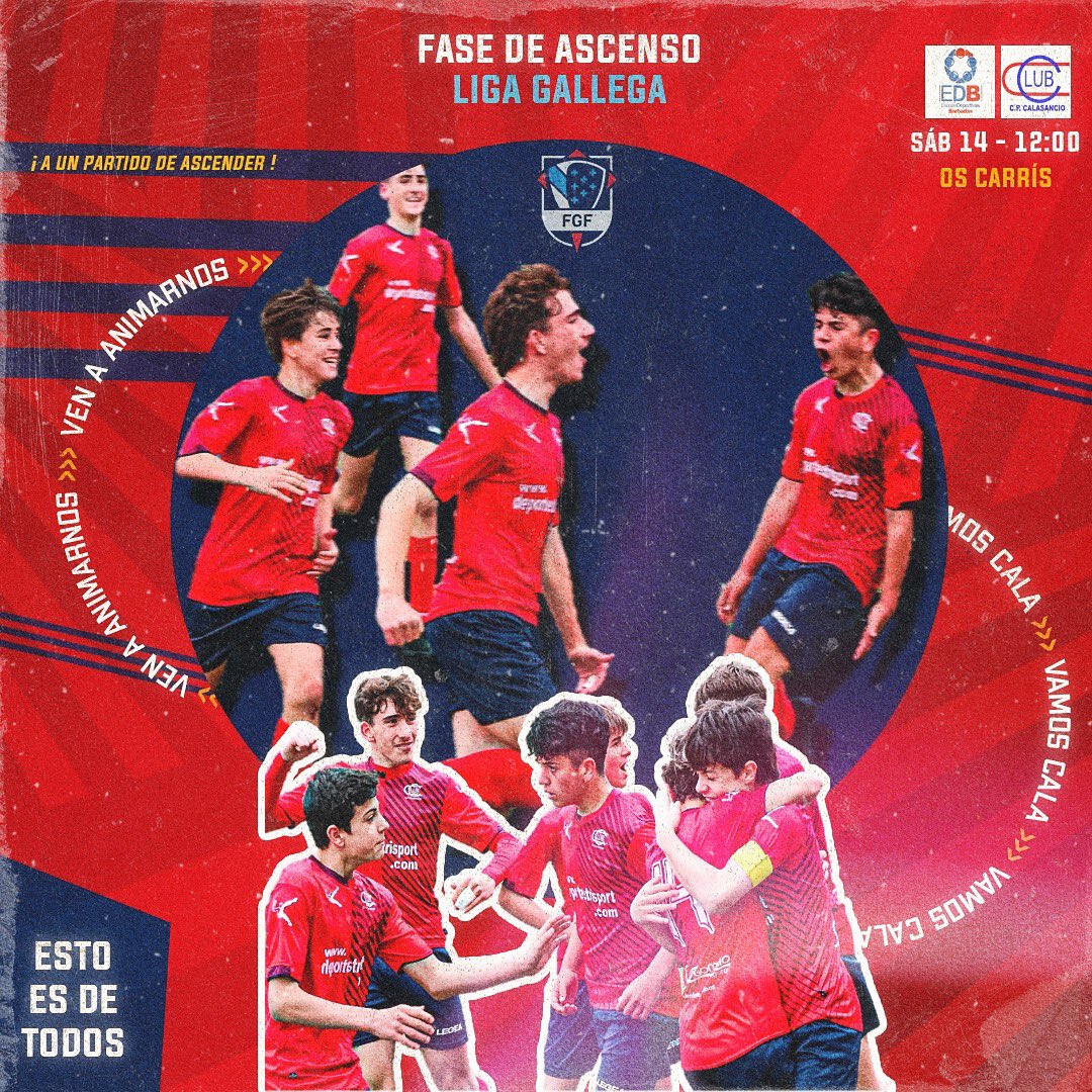 Calasancio1969's tweet photo. 𝗦á𝗯𝗮𝗱𝗼 𝟭𝟮:𝟬𝟬 𝗢𝘀 𝗖𝗮𝗿𝗿í𝘀 (Barbadás) 
Nuestro Infantil A se juega el ascenso en el último partido contra el primer clasificado y necesita a 𝗧𝗢𝗗𝗢𝗦,los jugadores y aficionados del club a que se acerquen a Barbadás la mañana del sábado. ¡Si se puede! ¡Vamos Cala!🔴 https://t.co/rIoHvufGPY