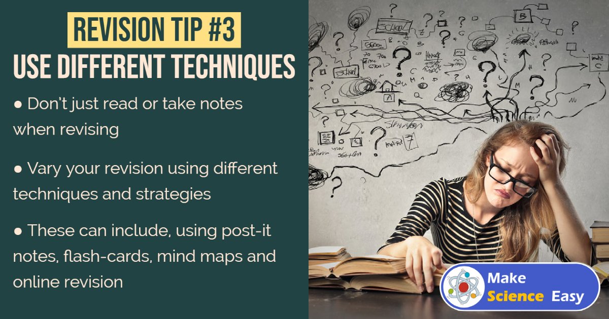 MakeSciEasy's tweet photo. Varied revision is far more effective than just taking notes and reading. 
Try different revision techniques and find what works for you. 

Check out our ultimate revision guide. There are loads of different ideas to help your revision 

https://t.co/txm4Q9LQBa

#revision #GCSE https://t.co/n365ljQw09