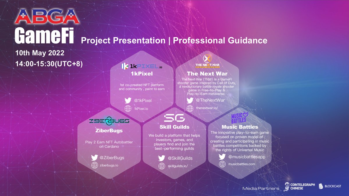 ABGA_Global's tweet photo. Congratulations to the successfully held of #ABGA 6th session‘#GameFi Wave’ Webinar👏
🔥Thanks 5 projects to give their wonderful presentation
🔥Thanks our Dimond &amp; Platinum members to give their professional guidance
@ZiberBugs
@1kPixel
@TheNextWar
@SkillGuilds
@musicbattlesapp https://t.co/hKwdEnDHe9