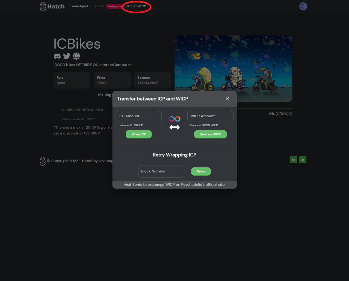 hatch.market/sale/ICBikes
Hatch launchpad can only use WICP, not ICP.
Therefore, swap ICP with WICP from ICP⇔WICP that appears at the top of the screen when connecting to Sonic or Hatch launchpad, 
app.sonic.ooo/swap
#ICP #InternetComputer #NFT #ICBikes