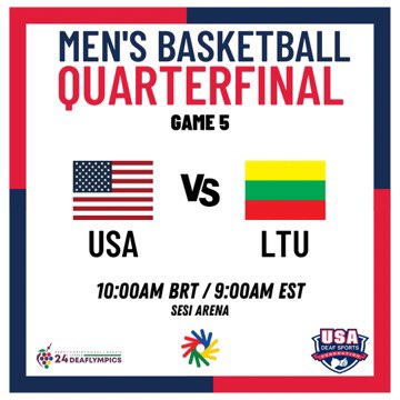 USADeafBB's tweet photo. 10 May 2022
24th Summer Deaflympics Basketball - Men 
Quarterfinals - Game 5
🆚 Lithuania 🇱🇹
⏰10:00 AM BRT / 9:00 AM EST
📍SESI Centro Esportivo @ Caxias do Sul, Brazil

#teamusa🇺🇸 https://t.co/XWSBRFhknS