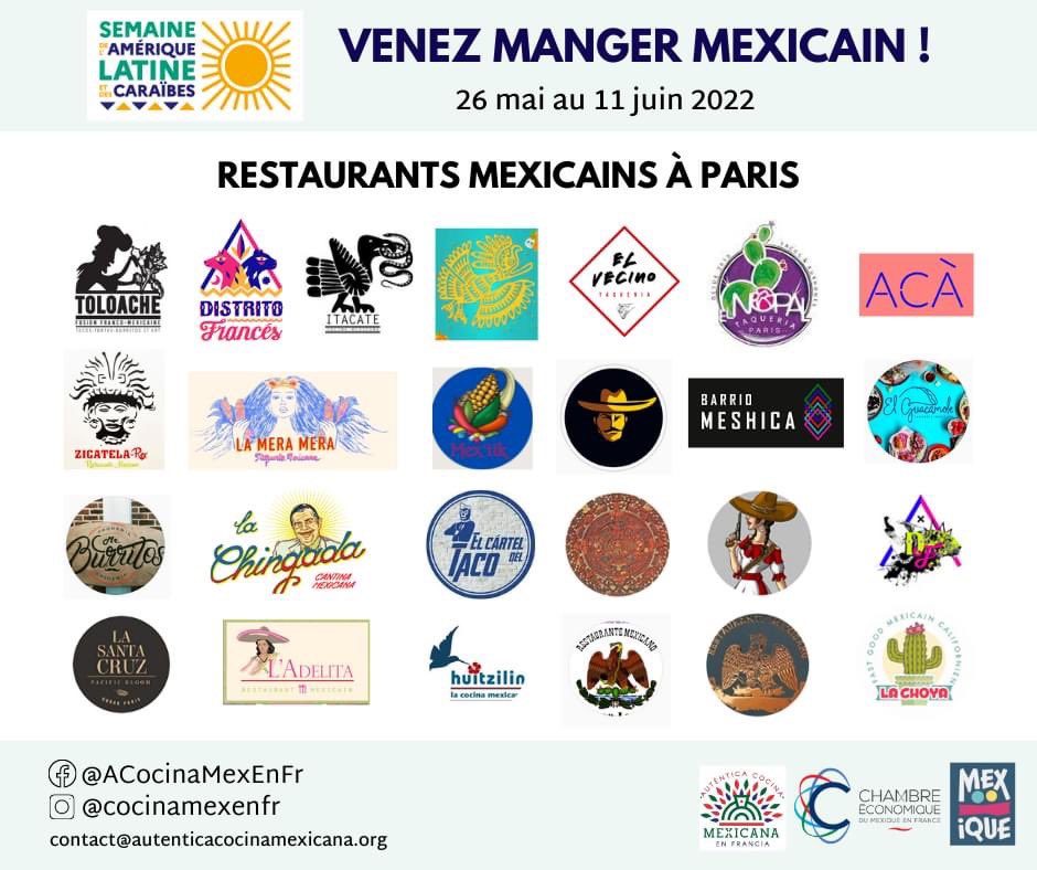 cocinamexenfr's tweet photo. Nous vous présentons ces différents restaurants mexicains à Paris.

Ils vous attendent du 26 mai au 11 juin 2022 pendant la Semaine d’Amérique Latine et des Caraïbes!

Profitez du beau temps et du soleil avec la cuisine mexicaine. 
☀️🍹🌮😏

Vous serez émerveillez
#SALC2022 https://t.co/twsgKPSpZ5