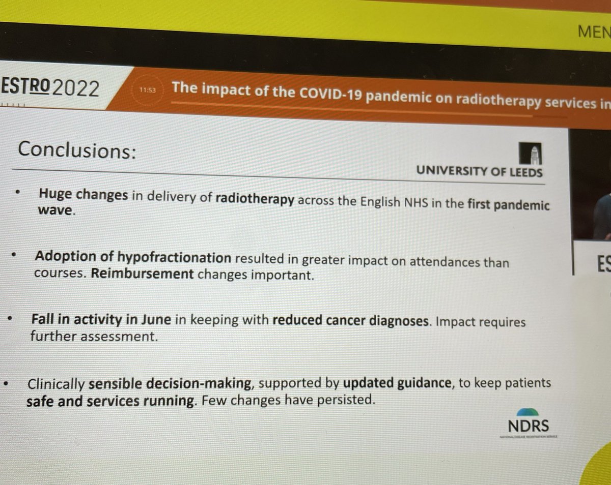 Reflections on Covid impact on NHS radiotherapy services. Efficient implementation of ultrahypofractionated regimes which now continues as standard of care. Change of healthcare policies to block contracts supported this change. Important that this continues. #ESTRO2022
