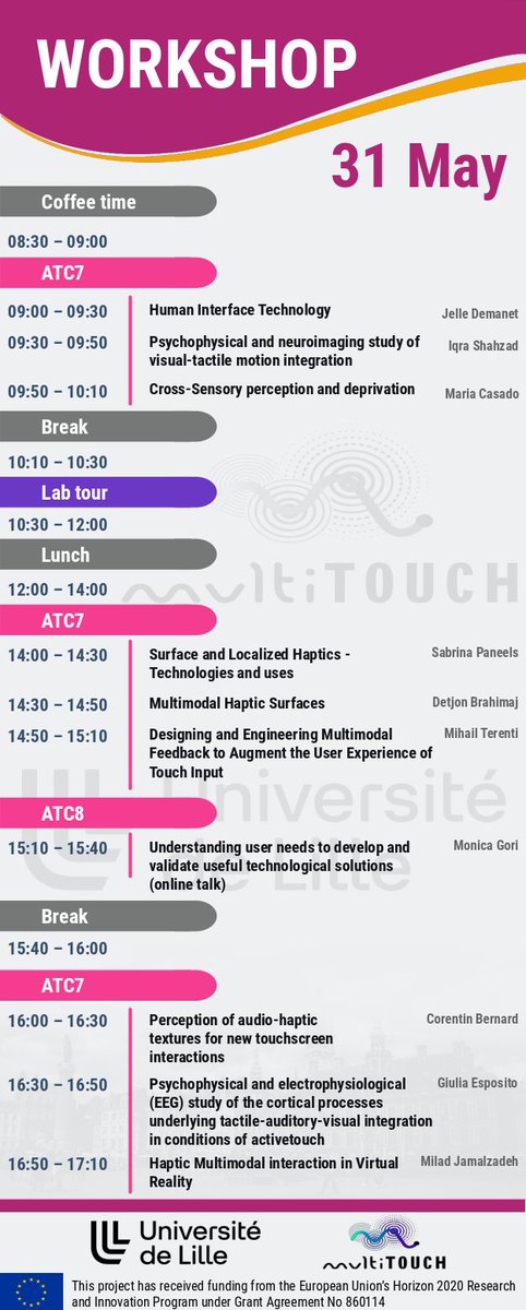 multiTOUCH project is organizing a workshop based on multimodal haptic surfaces on 31 May, in Lille. This event is open to all interested people. Below are the details of the program. To register click here:  evento.renater.fr/survey/worksho….