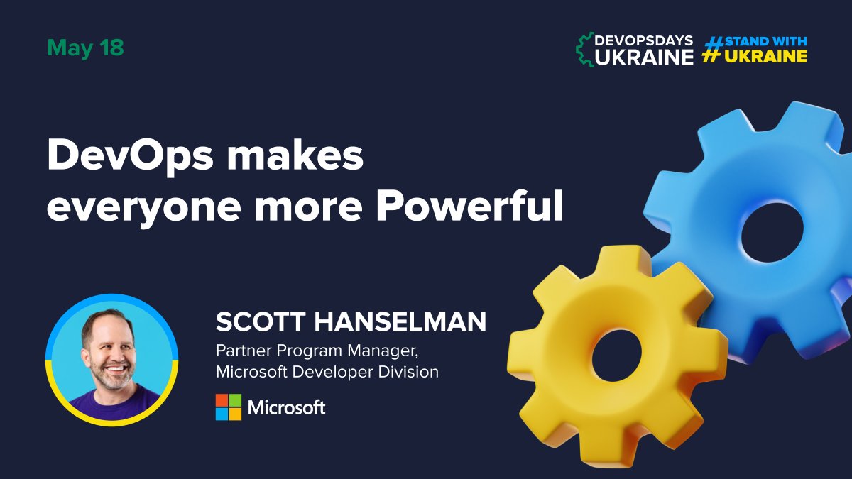 DevOpsDays Kyiv (@devopsdays_kyiv) on Twitter photo 💪On May 18, join <a href="/shanselman/">Scott Hanselman 🌮</a>, Partner Program Manager, Microsoft Developer Division for demos-only tech talk about how DevOps makes us all 10x developers. It’s the process that makes us powerful!
It's not to be missed!
Register to attend: devopsdays.com.ua 💪On May 18, join <a href="/shanselman/">Scott Hanselman 🌮</a>, Partner Program Manager, Microsoft Developer Division for demos-only tech talk about how DevOps makes us all 10x developers. It’s the process that makes us powerful!
It's not to be missed!
Register to attend: devopsdays.com.ua
