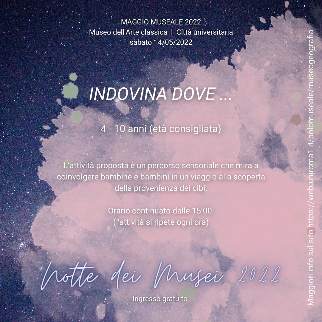 Avventuriamoci insieme in un percorso tra mondi e alimenti lontani sulle tracce di esploratrici ed esploratori!
Questo sabato 14/05/2022 in Sapienza.

➡️Info al sito web.uniroma1.it/polomuseale/ma…

#nottedeimusei2022 #maggiomuseale #laboratori #geografia <a href="/SapienzaRoma/">Sapienza Università di Roma</a> <a href="/museiSapienza/">Musei Sapienza</a>