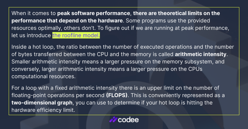 codee_com's tweet image. #CodeePerformanceTip: How to determine if your important algorithm is running at peak performance, i.e. it is using the hardware resources efficiently? 

From our blog about the roofline model: codee.com/is-your-algori… 👇