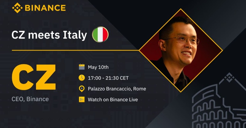 binance's tweet photo. Ciao! CZ meets Italy. 🇮🇹

@cz_binance will be at the #BWR22 today at 6:00pm CEST to talk about the future of finance and money.

Watch the Livestream here.👇
