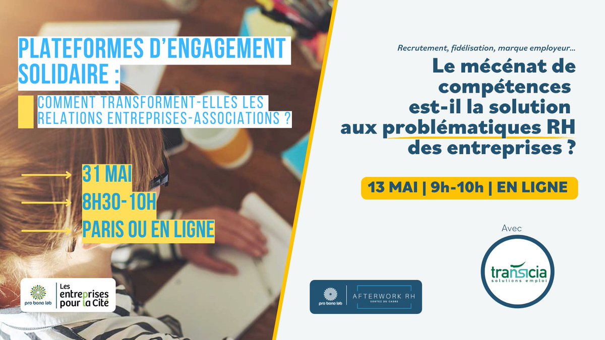 ProBonoLab's tweet photo. 📆 | Les rendez-vous de mai : #mécénatdecompétences, #RH &amp; plateformes d'engagement !
➕ d'infos sur l'évent du 13 mai avec @AfterWork_RH &amp; @Transicia : https://t.co/RBNsddR7Jn
➕ d'infos sur celui du 31 mai avec @LepC_France : https://t.co/Un4HDfzqyk
Hâte d'échanger avec vous 🤗 https://t.co/69Q300NKkE