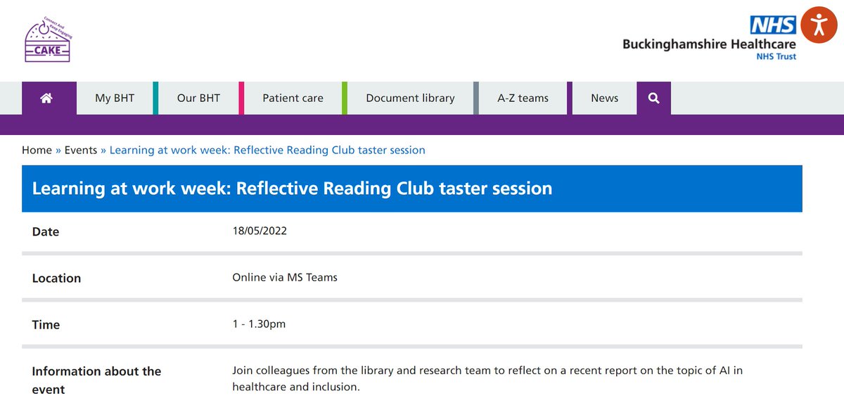 bucksnhslibrary's tweet image. Next week as part of Learning at Work Week the library is running a reflective reading club taster session!
Check the staff intranet (CAKE) for details on how to register!!
#BHTLibrary #LearningatWork #reflectivereading
