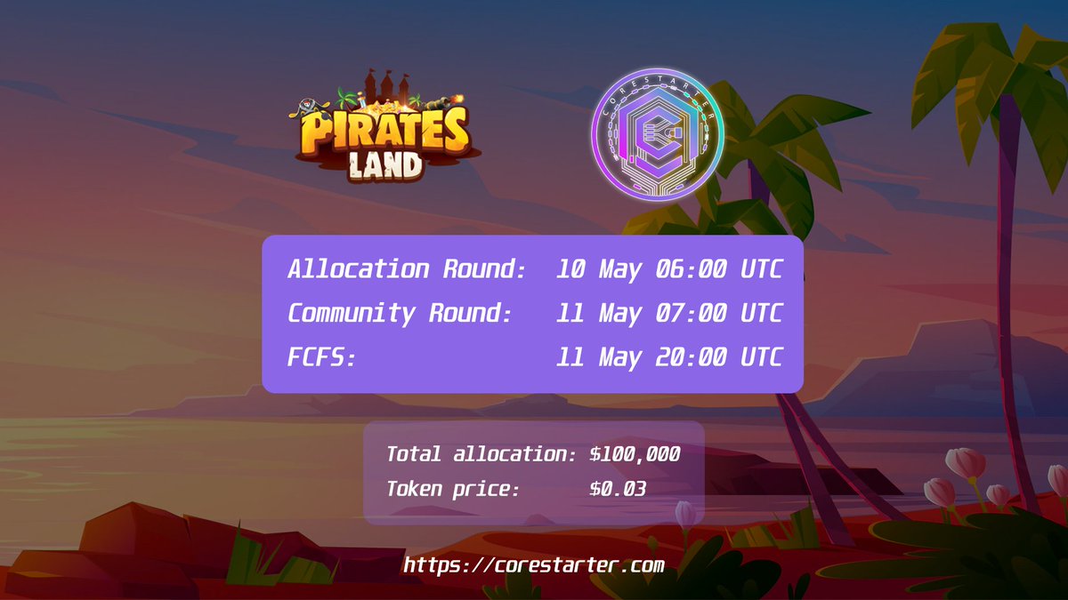 PiratesLando321's tweet photo. CORESTARTER 🔥 PLT TOKEN SALE 🔥 RIGHT NOW

👉On: https://t.co/KoLSL4jfxO

⏰Time: 6:00 UTC on May 10th, 2022
💰Price: $0.03
💰Raise amount: $100,000

#PiratesLand #PLT #TreasureVerse #IDO #CoreStarter #Thepublicsail https://t.co/jBeOOvTLnN