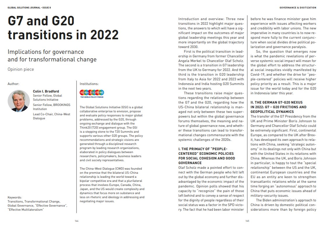 glob_solutions's tweet photo. German #G7Presidency has a challenging role in bridging the #G7 values with #G20 – says Colin Bradford, @BrookingsInst, China-West Dialogue. The G7-G20 nexus needs to move #geopolitics from polemics to professionalism. More in the new #GSJournal: https://t.co/w1S9dk86po https://t.co/9Hy0Pk4mKs