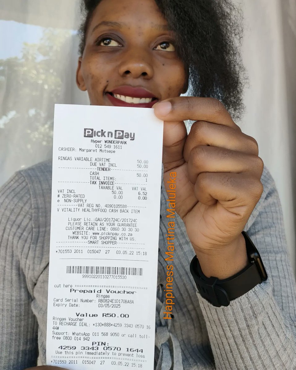 HappinessMart11's tweet photo. I top up @Ringas_SA airtime at my nearest @PicknPay 🔌🧡🤗 
#Ringas 
#PicknPay 
#PicknPayExpress
#BluPickRingas https://t.co/jNaxMFRebM