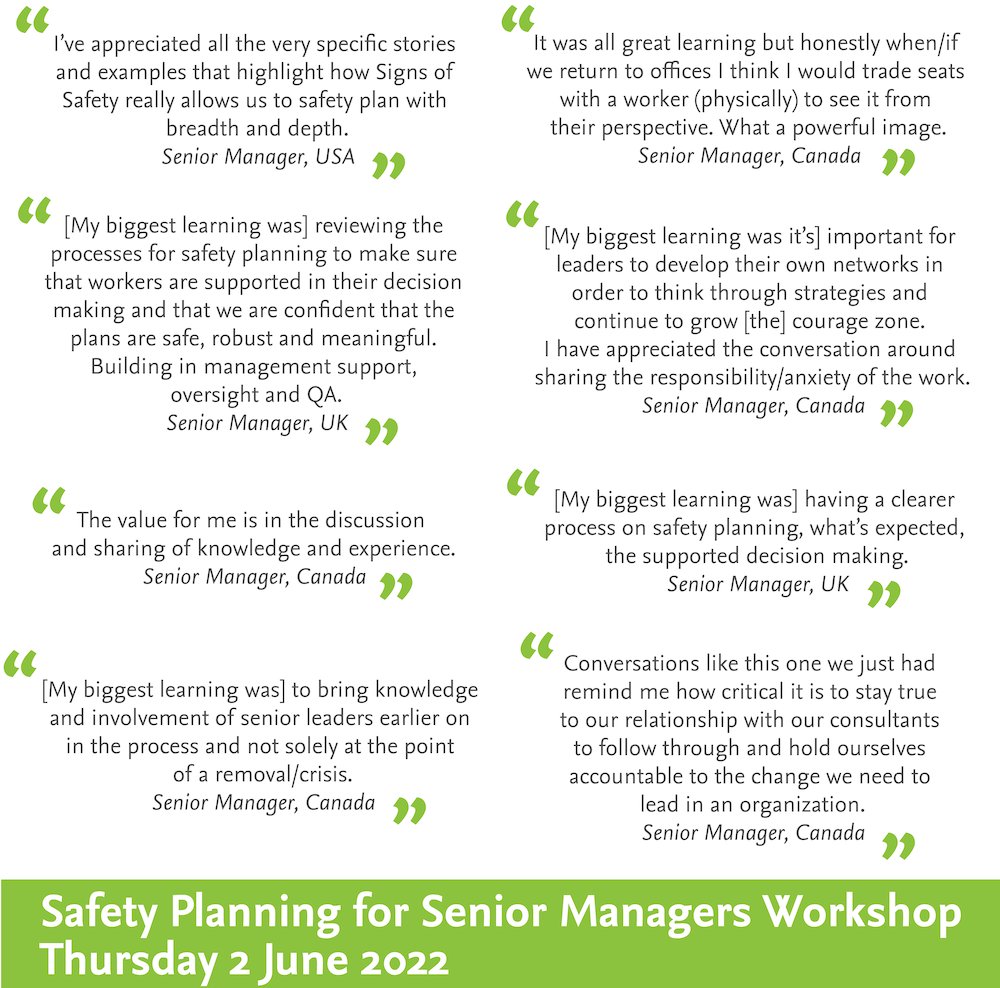 signsofsafety's tweet photo. Have you got your ticket for the upcoming Safety Planning for Senior Managers Workshop?
Previous participants found this workshop by Joke Wiggerink and Terry Murphy extremely valuable and inspiring — check out some of the testimonials below! https://t.co/dmUsTYLAIO https://t.co/Klyk6LsrJF