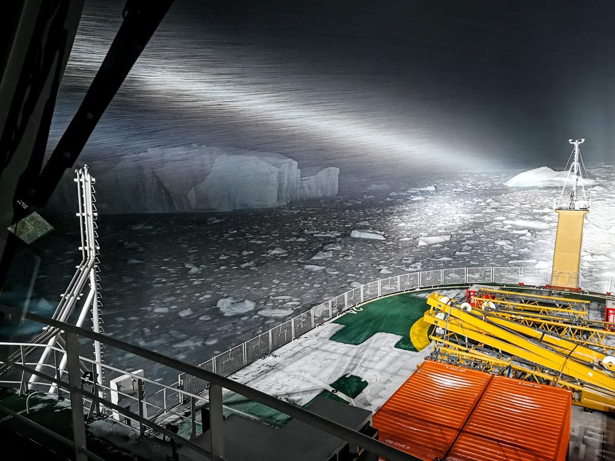gm0hcq's tweet photo. The RRS Sir David Attenborough heading north for the  Falkland Islands with the OOW,Rob, concentrating hard whilst navigating through ice in the dark.  Pic Richard Turner @BAS_News https://t.co/d8mJ54KERd
