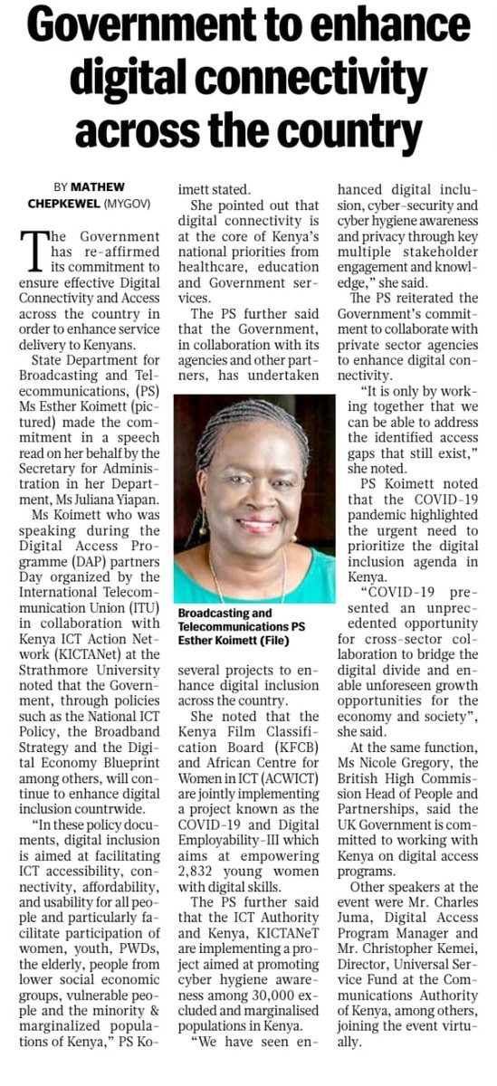 InfoKfcb's tweet photo. The Government in collaboration with its agencies and other partners,has undertaken several projects to enhance digital inclusion across the country ~ PS  @EstherKoimett via @MyGovKe. @MoICTKenya @KICTANet
@ChrisWambua_ @NellyMuluka @ITU @ICTAuthorityKE @CA_Kenya @ACWICT https://t.co/8fFSWGbydj