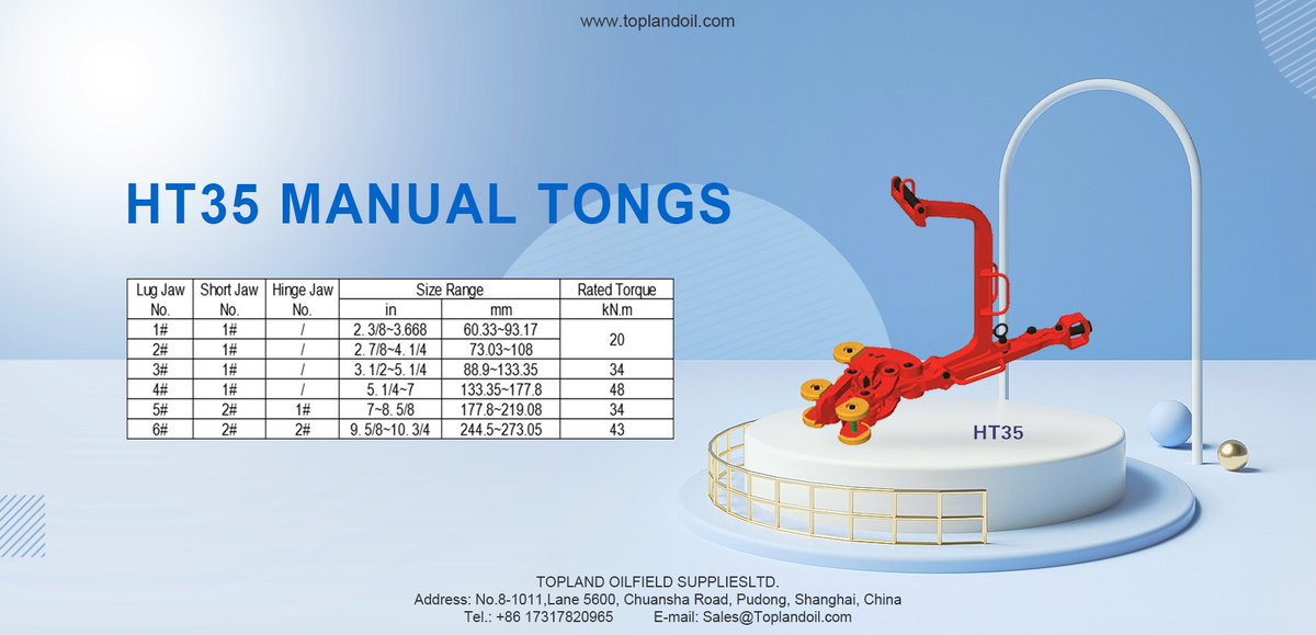 OilTopland's tweet image. HT type #ManualTongs are necessary tools applied to make up and break out pipes. Changing lug jaws and latch steps can adjust different handling sizes of the tongs. Interchangeable lug jaw design permits each tong to handle different sizes of pipe. #HandingTools #WellheadTools
