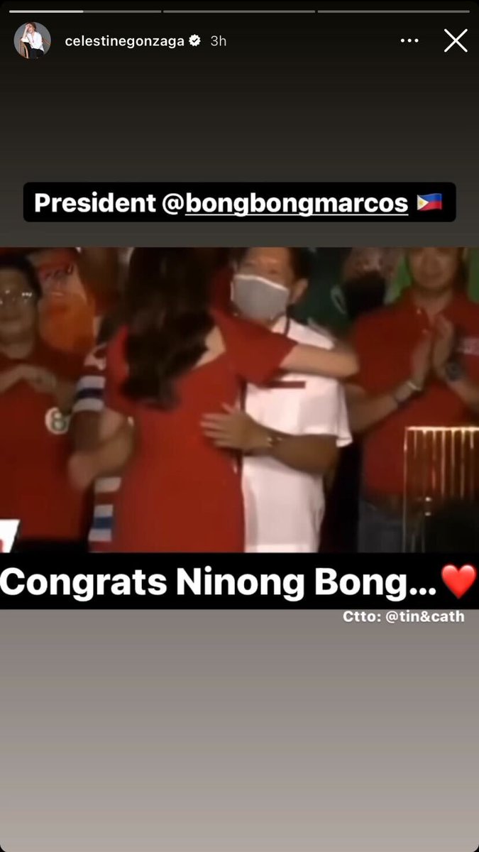 PhilippineStar's tweet photo. ‘PRESIDENT BONGBONG MARCOS’

TV host Toni Gonzaga congratulates presidential frontrunner Ferdinand "Bongbong" Marcos Jr. in an Instagram story shared on Tuesday.

’“Congrats Ninong Bong… ❤️” she wrote. #BilangPilipino2022 (Instagram/Toni Gonzaga) https://t.co/Af26CF7bDI