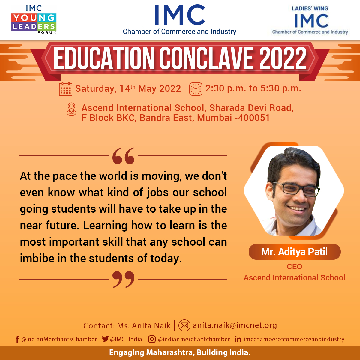 IMC_India's tweet photo. Listen to Mr. @patil_aditya , Founder and CEO, Ascend International School at the Panel Discussion 'Which is the Best Board to Study In?' at IMC 'Education Conclave 2022' on May 14, 2022.
To attend, register on https://t.co/YiGZgtpYR3
#education #Bestboards
@Vibha13 https://t.co/XL3fYYxf1c
