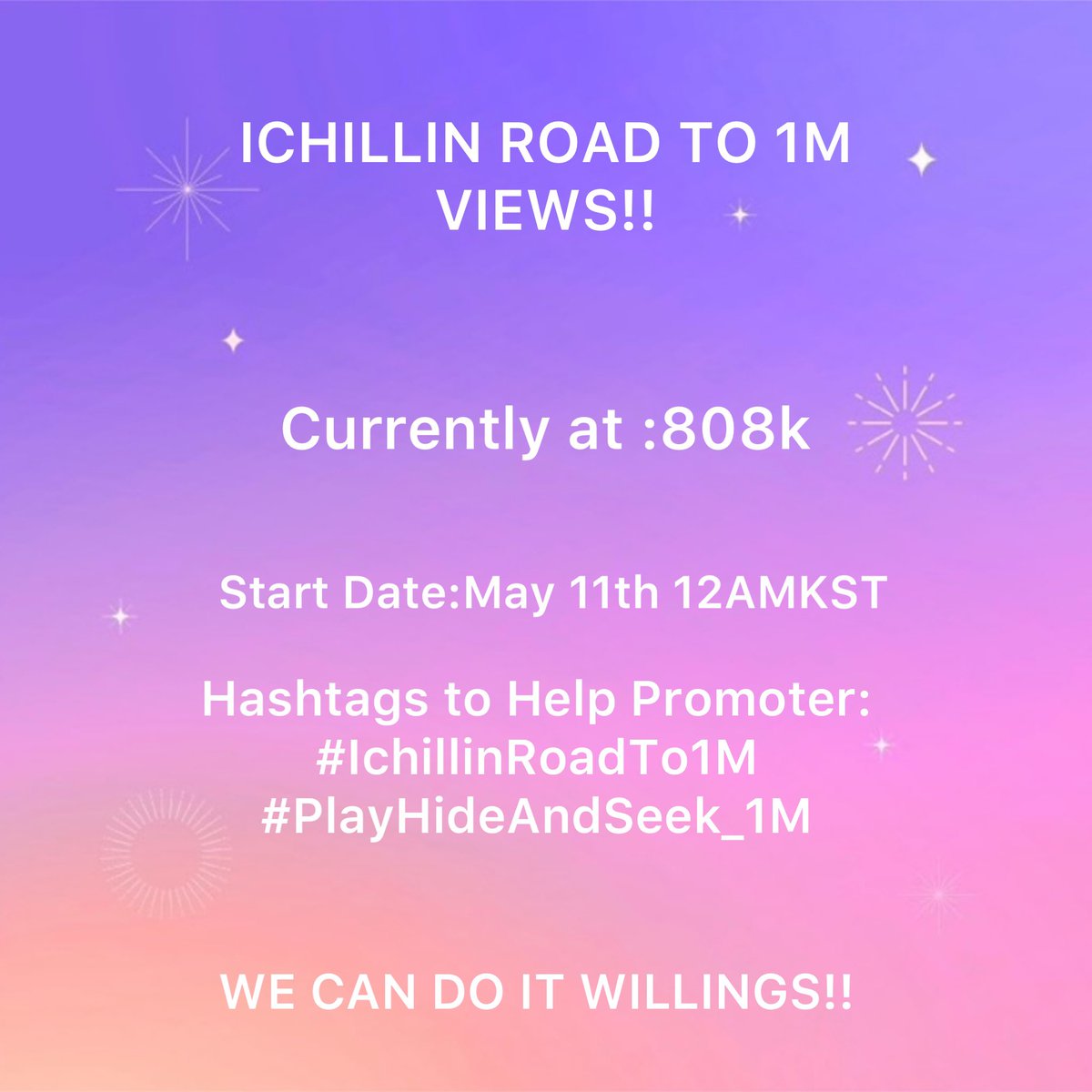 Ichillinfanbase's tweet photo. Willings,

Play Hide and Seek is Almost at 1M Views (1THEK Channel)

 Now It’s Currently at 813k Views

Let’s Stream Hard to Get The Girls to 1M Views!! 

We will start on May 11Th 12amKst You Can Also Use These Hashtags On the bottom to Help Promote!! https://t.co/yhAZ6kwB6s