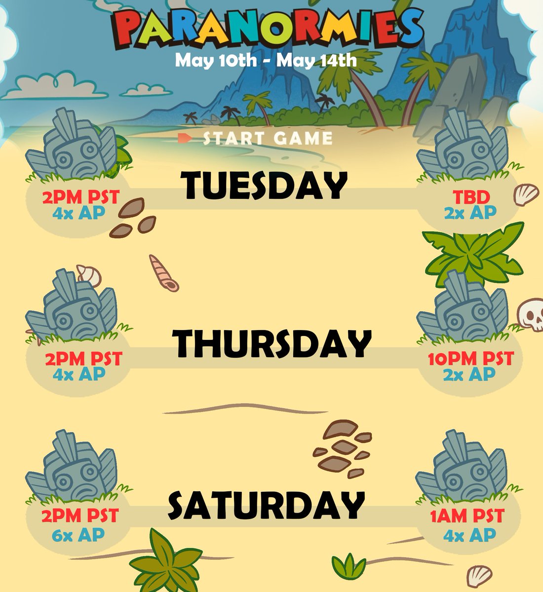 painmute's tweet photo. Are you ready for this week? 😈

May 10th - May 14th game schedule!

✅ Tuesday: 2PM (PST) 4X Action Points / TBD (PST) 2X Action Points

✅ Thursday: 2PM (PST) 4X Action Points / 10PM (PST) 2X Action Points

✅ Saturday: 2PM (PST) 6X Action Points / 1AM (PST) 4X Action Points https://t.co/q8nrk2u9Xa