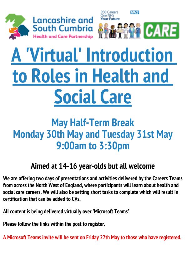 Do you know of 14-16 year-olds who are interested in working within Health &amp; Social Care? We are offering two days of insights into these careers during the May half-term break, delivered virtually by the Careers Teams from across the system. Register here bit.ly/3FzyaUU