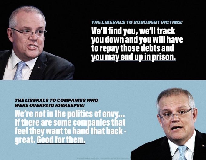 bubblytest's tweet image. This is how the Morrison Government works 
One rule for the wealthy business owners and another for the vulnerable 
#RoboDeath #ausvotes #auspoI