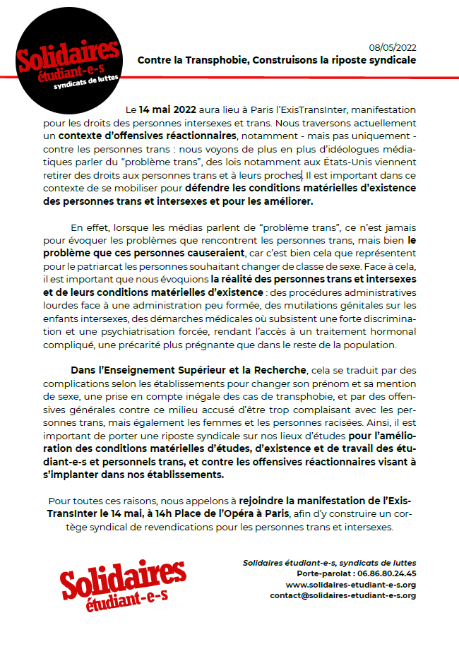 📢COMMUNIQUÉ - Contre la Transphobie, construisons la riposte syndicale

Mobilisons-nous pour défendre et améliorer les conditions matérielles d’existence des personnes trans et intersexes !

Vous pouvez retrouver le communiqué sur notre site 👉 solidaires-etudiant-e-s.org/site/2022/05/1…