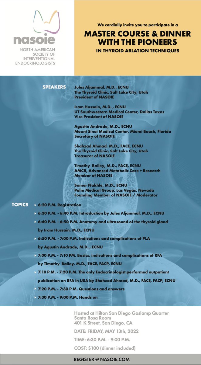 MicrowaveEco's tweet photo. 📅NASOIE MASTER COURSE &amp; DINNER, 13 May, San Diego, CA
#ultrasound #thyroidhealth  #NASOIE #AACE #abaltion #thyroid #ca #ecomicrowave #Germany #endocrinology https://t.co/taqE0gMj0N