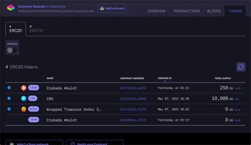 AvascanExplorer's tweet photo. We indexed ✌️ subnets last week... and 👆subnet today!

@swimmer_network is fully indexed with:

-magic button to add RPC into your #Metamask at lightning speed 
-cross chain bar research to enhance your inquiry, easy &amp; safe 

we did a lot, but...

...we just started!

#Crabada https://t.co/aTdVRQkfQI