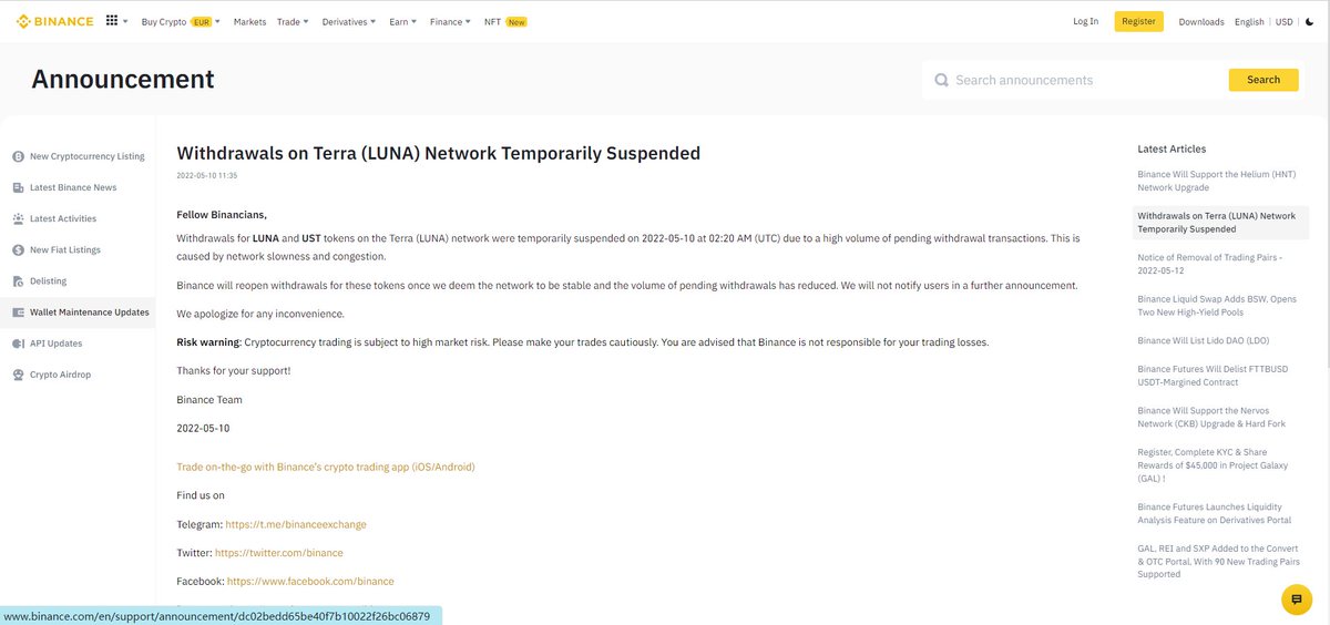 #Binance  has suspended the withdrawal of #LUNA and #UST tokens at 10:20 on May 10.