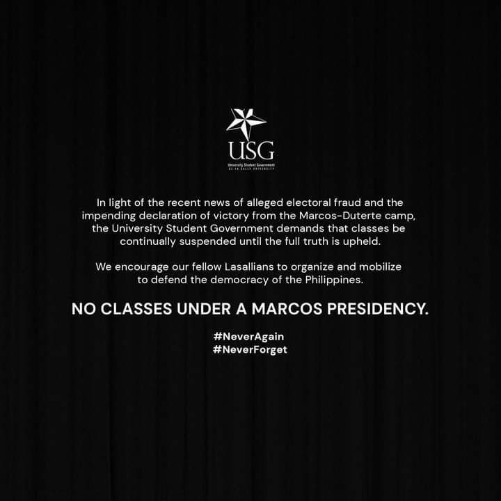 JUST IN: DLSU USG has released a statement on the allegations surrounding #Halalan2022, calling for the extended suspension of classes. USG stands with the movement to not have classes under a Marcos presidency. | via <a href="/usg_dlsu/">DLSU USG</a>